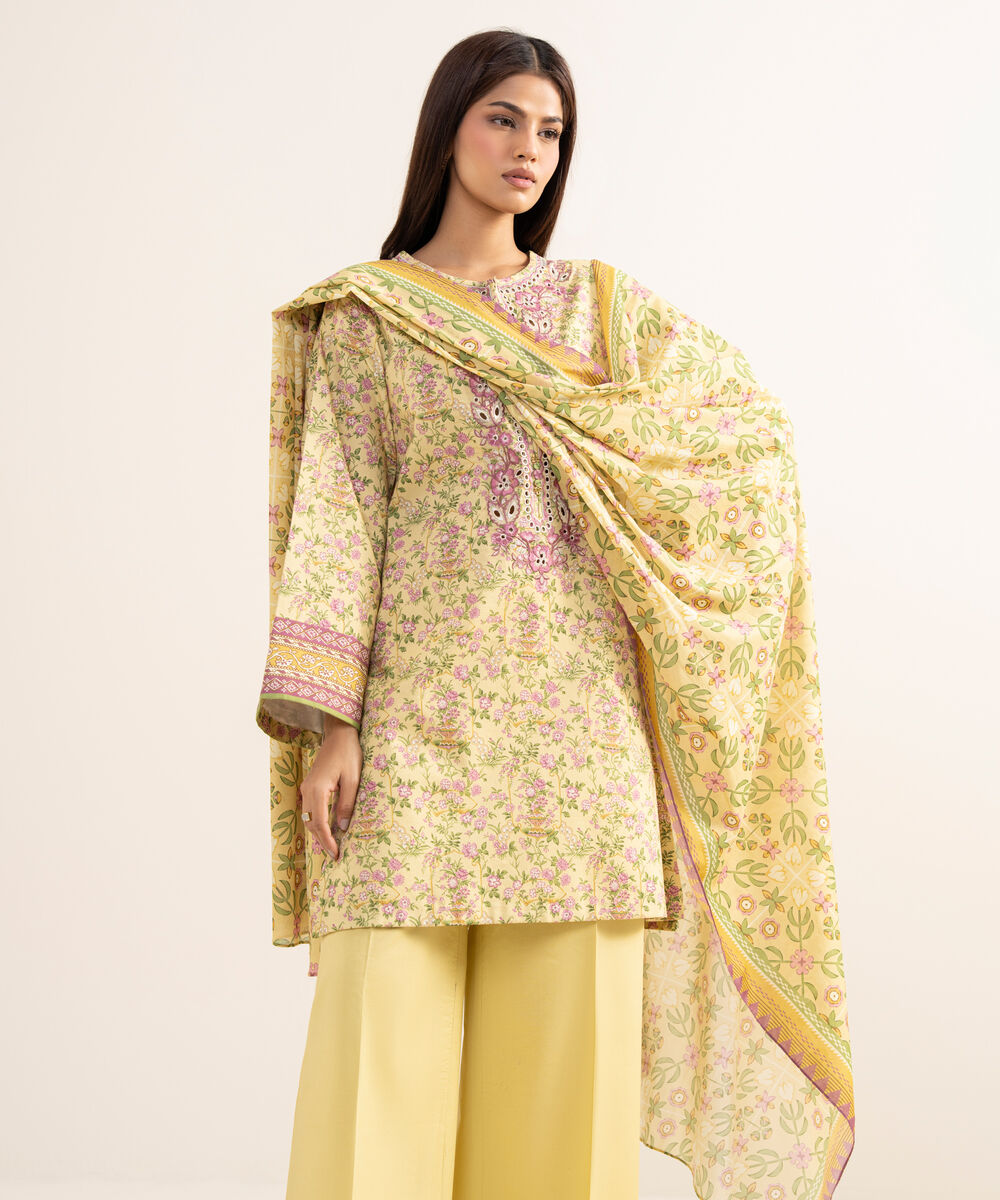 Women's Unstitched Lawn Embroidered Yellow 3 Piece Suit