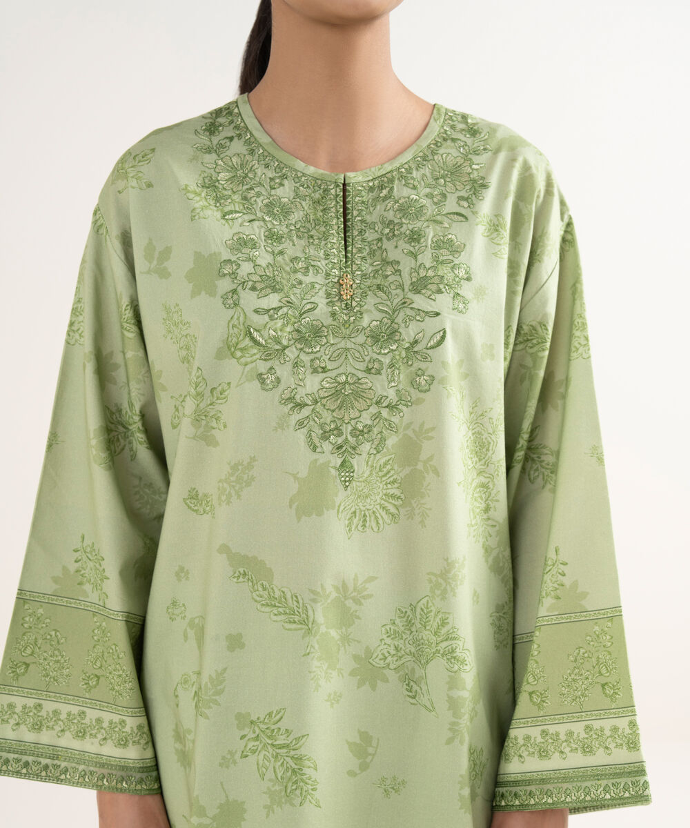 Women's Unstitched Cotton Embroidered Green 3 Piece Suit