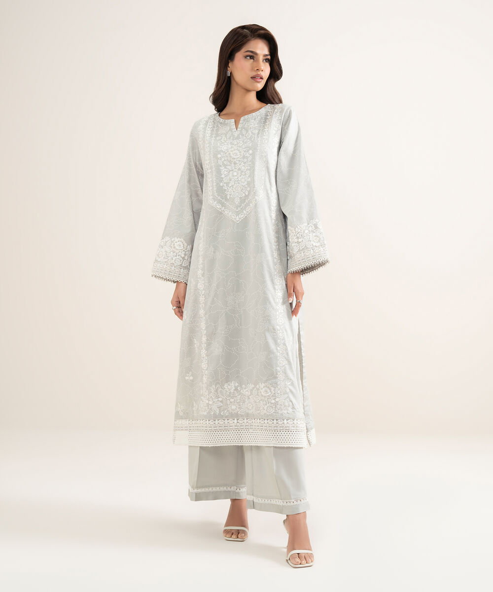 Women's RTW Lawn Embroidered Grey A-Line Shirt