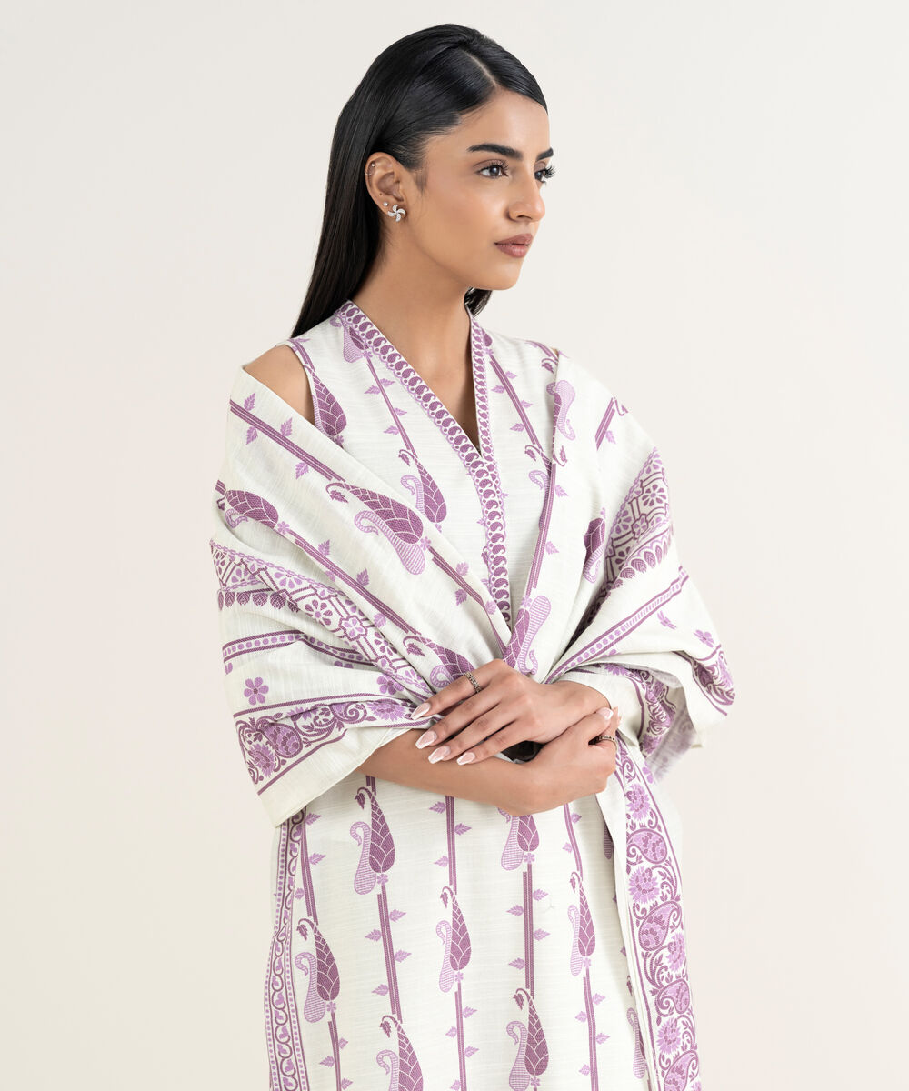 Women's Unstitched Printed Cotton Off White and Pink 3 Piece Suit