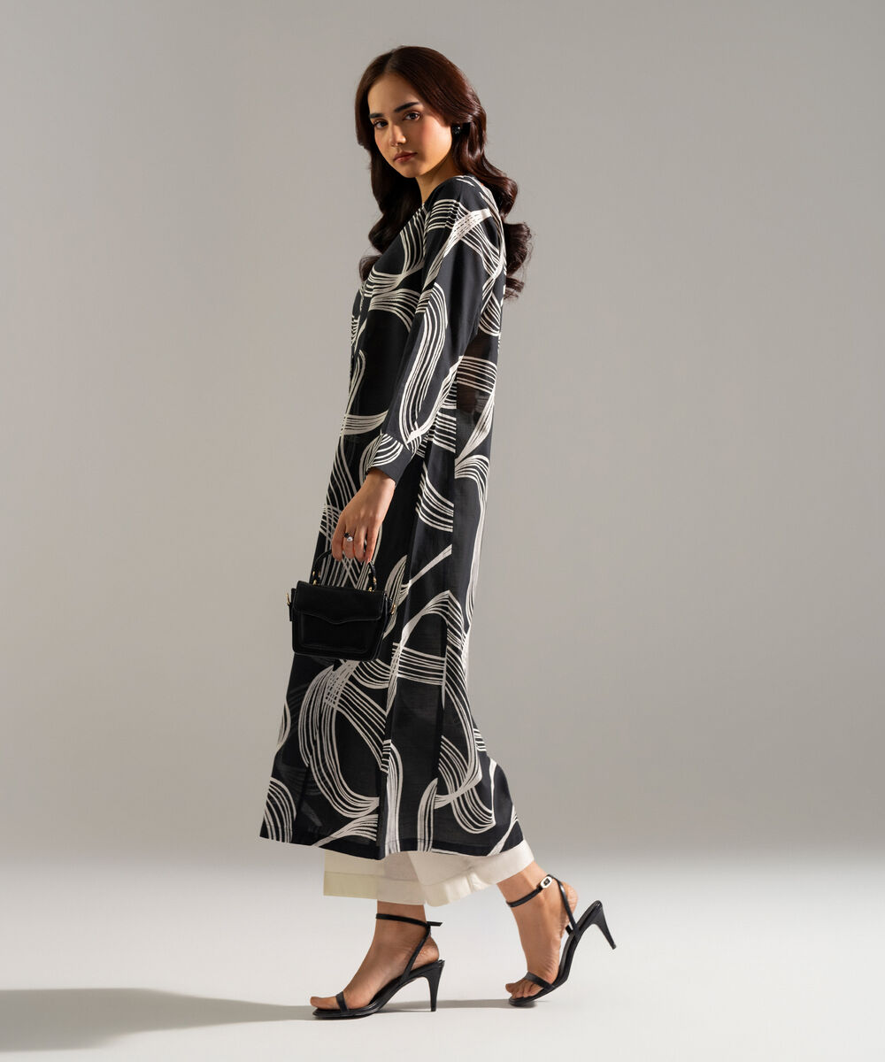 Women's RTW Slub Lawn Printed Black A-Line Shirt