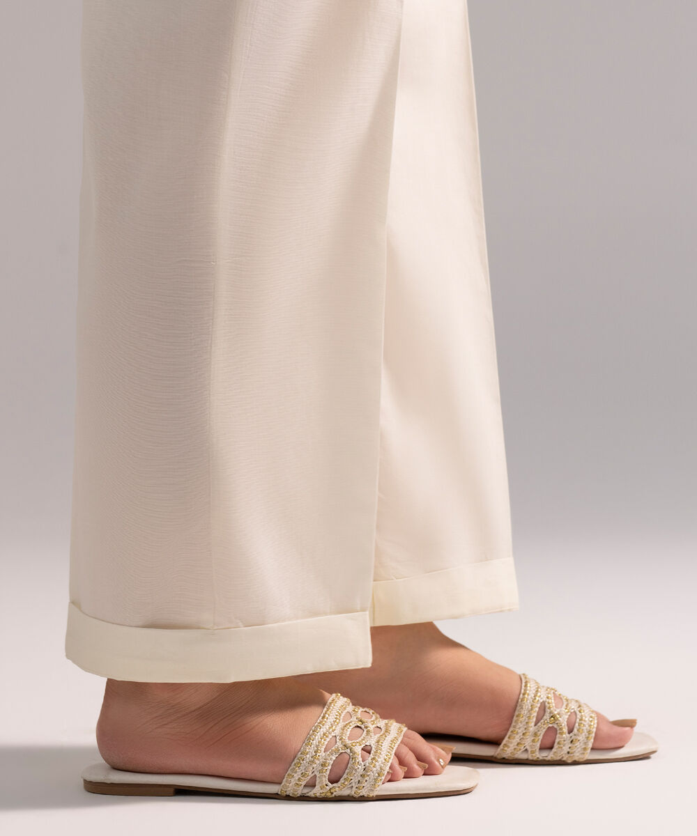 Women's RTW Cambric Solid Off White Straight Pants