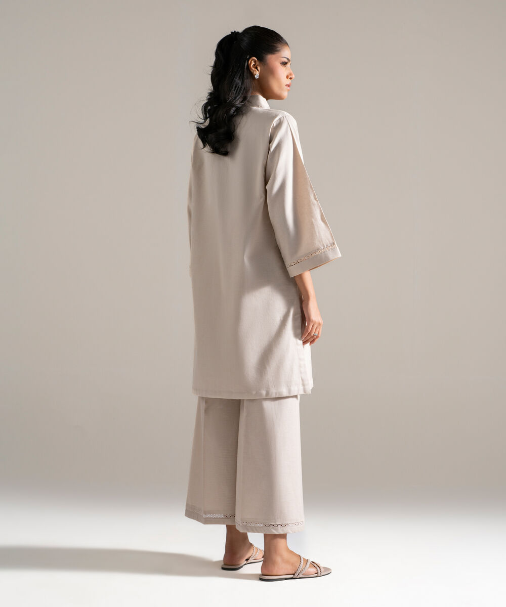 Women's RTW Cotton Linen Solid Beige 2 Piece Suit