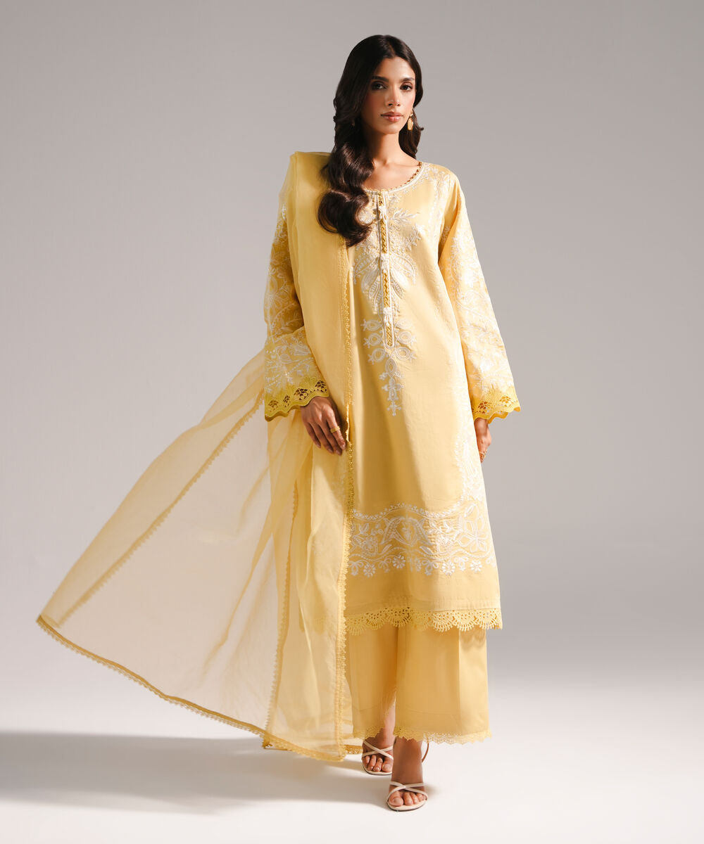 Women's RTW Cotton Satin Embroidered Pale Yellow 3 Piece Suit