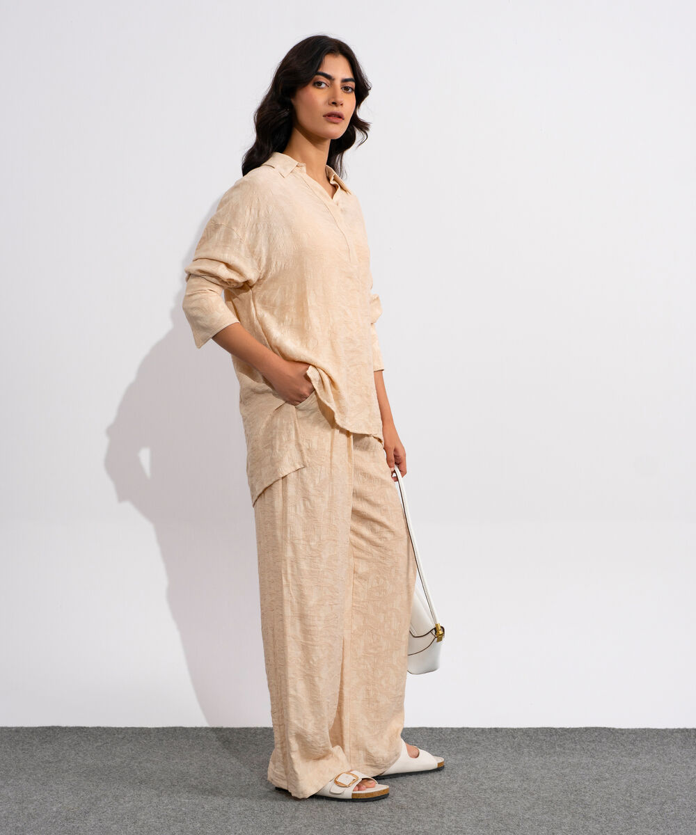 Women's Beige Textured V- Neck Top