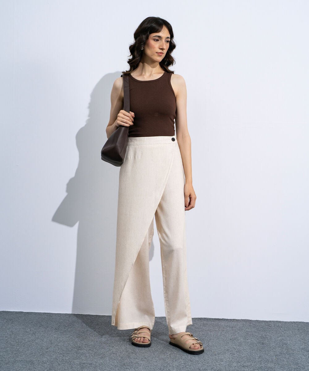 Women's Off White Asymmetrical Linen Blend Trousers