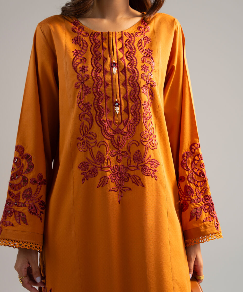 Women's RTW Dobby Embroidered Orange 2 Piece Suit
