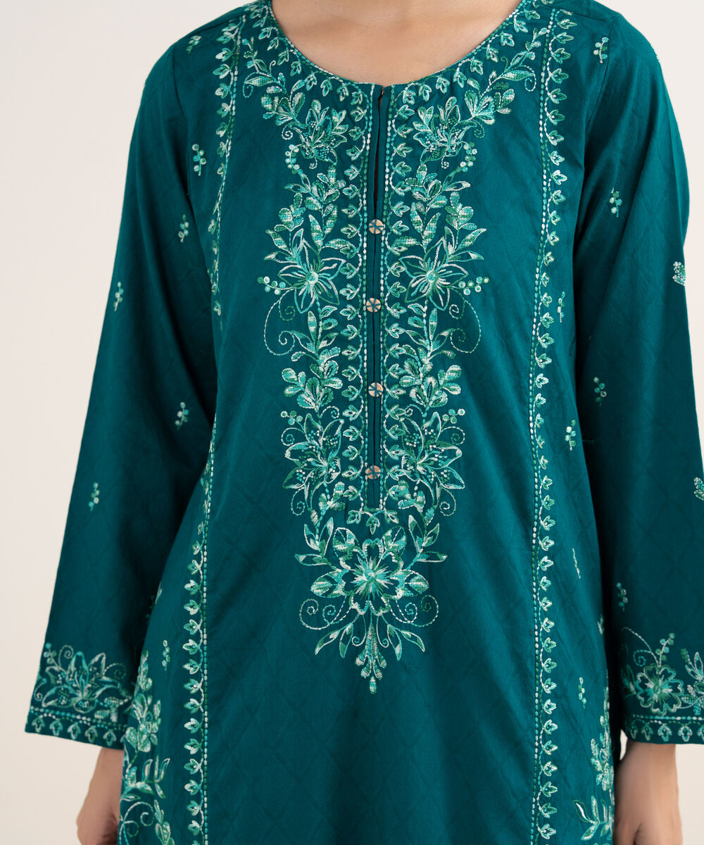 Women's RTW Cotton Embroidered Teal Straight Shirt