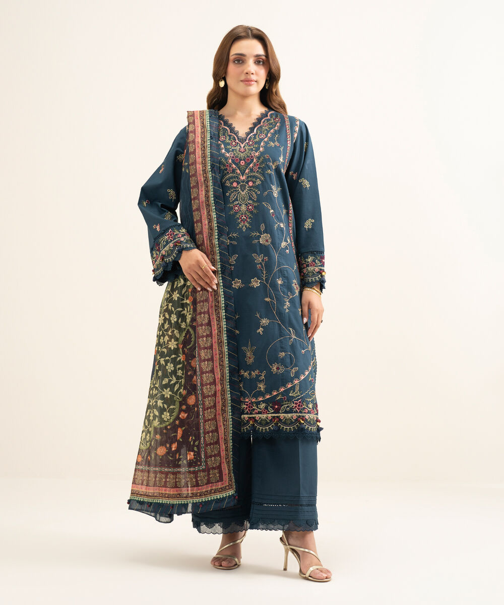 Women's Unstitched Cotton Embroidered Blue 3 Piece Suit