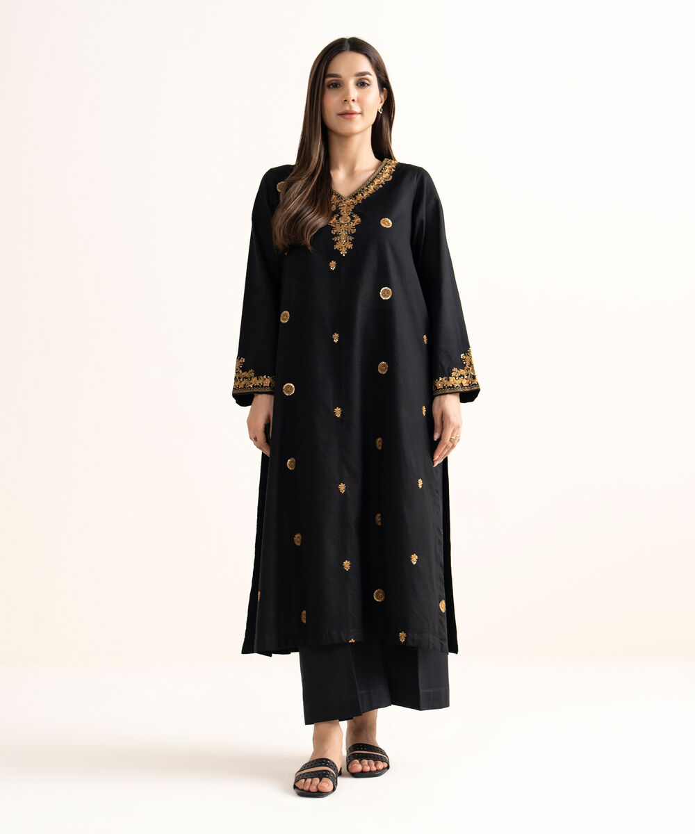 Women's RTW Textured Cotton Black Embroidered A-Line Shirt