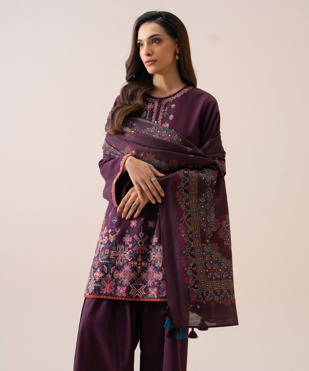 Women's Unstitched Light Khaddar Embroidered Plum 3 Piece Suit