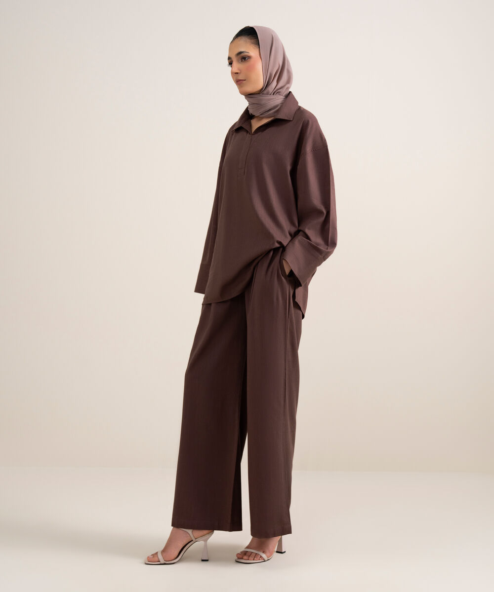 Women's Plumish Brown Loose Fit Pleated Pants