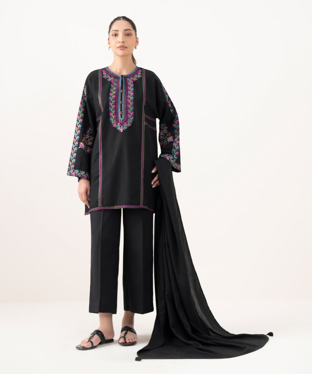 Women's RTW Light Khaddar Embroidered Black Drop Shoulder Shirt
