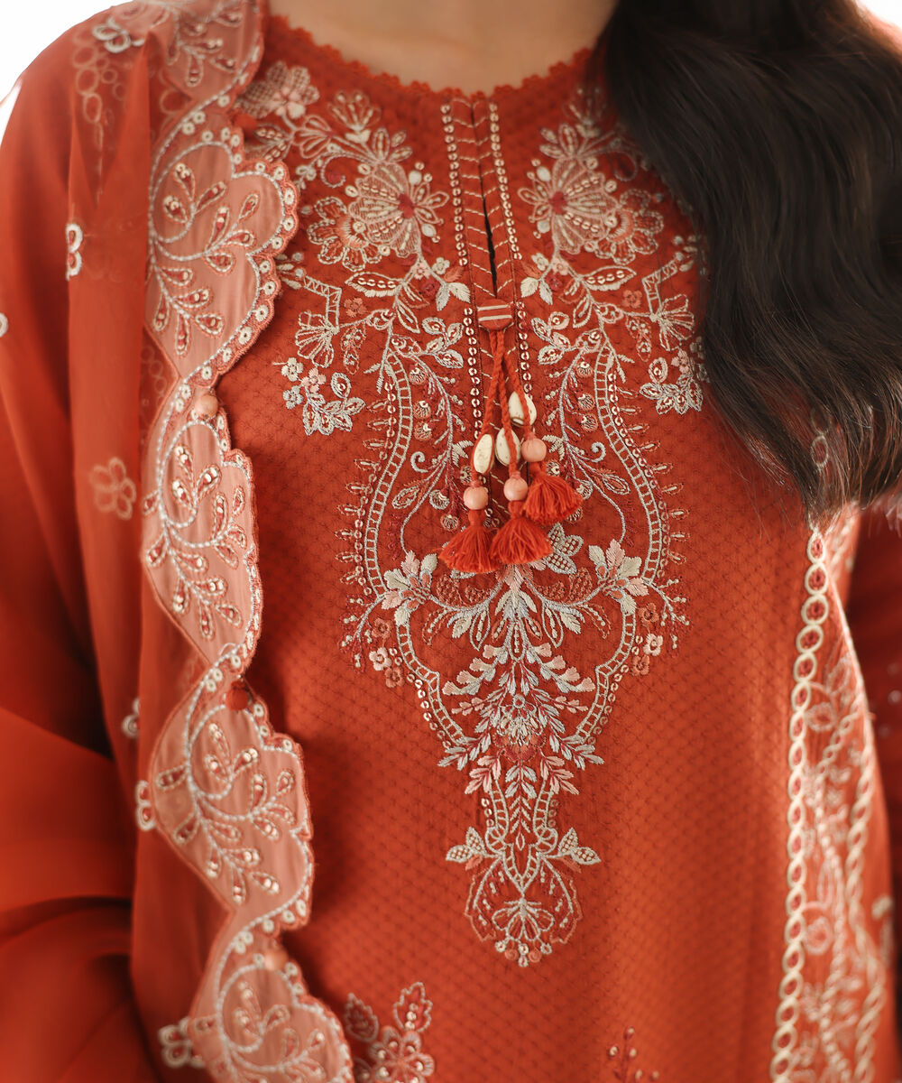 Women's Unstitched Dobby Embroidered Orange 3 Piece Suit