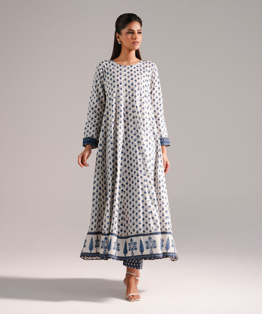 Women's RTW Textured Lawn Printed White 2 Piece Suit