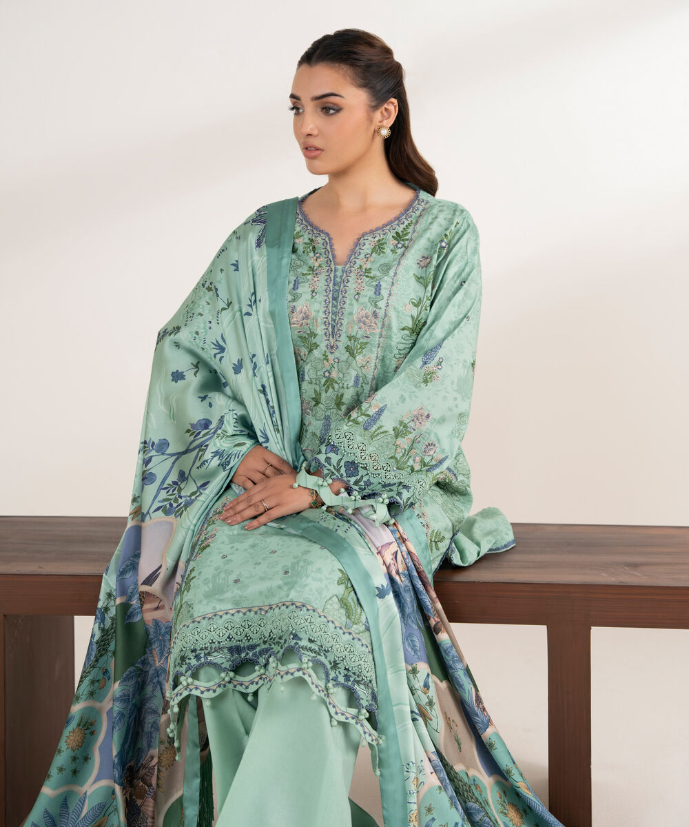 Women's Unstitched Cotton Embroidered Green 3 Piece Suit
