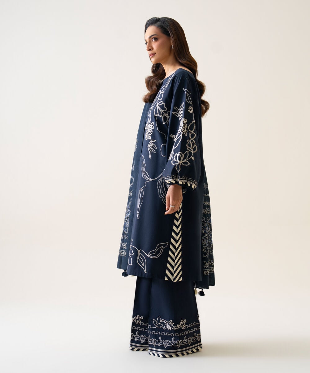 Women's Unstitched Textured Cotton Embroidered Dark Blue 3 Piece Suit