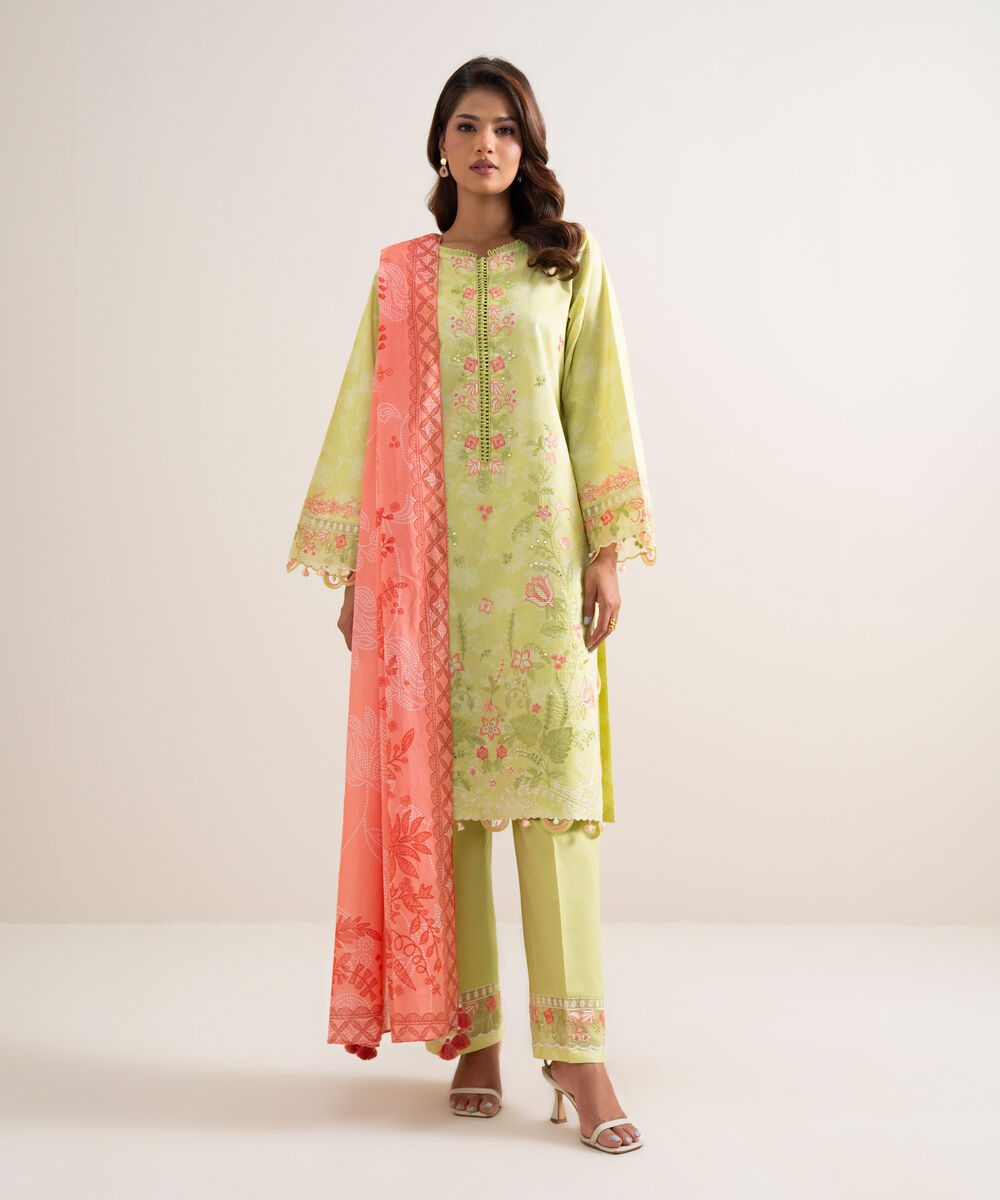Women's Unstitched Lawn Embroidered Yellow  3 Piece Suit