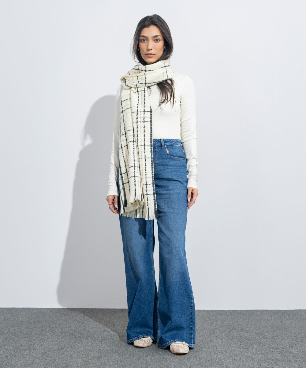 Women's Western Wear Off White & Black Plaid Woollen Scarf
