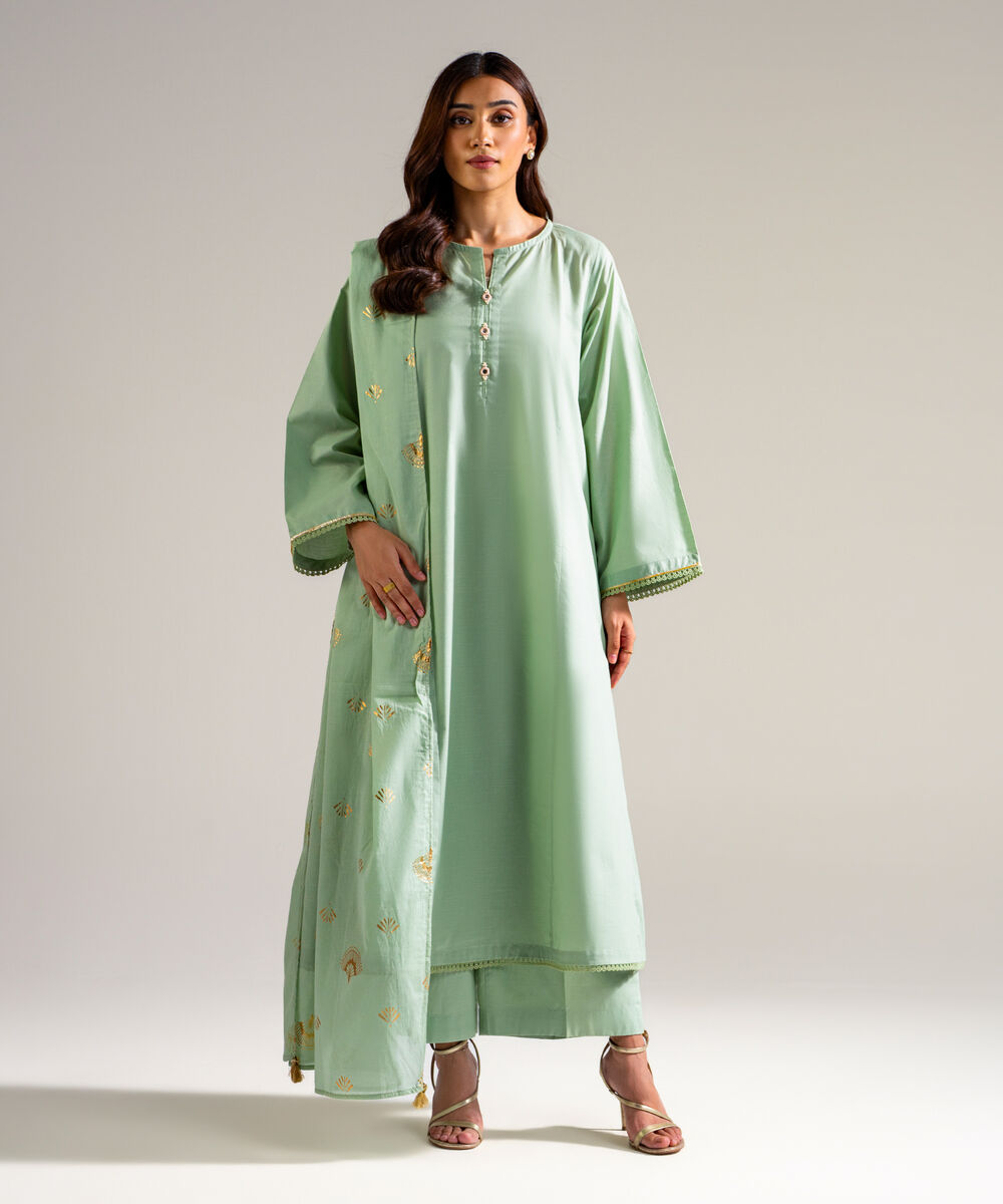 Women's RTW Slub Lawn Solid Green 3 Piece Suit