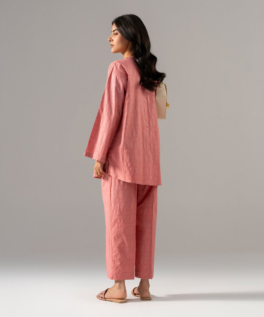 Women's RTW Textured Cotton Solid Pink 2 Piece Suit