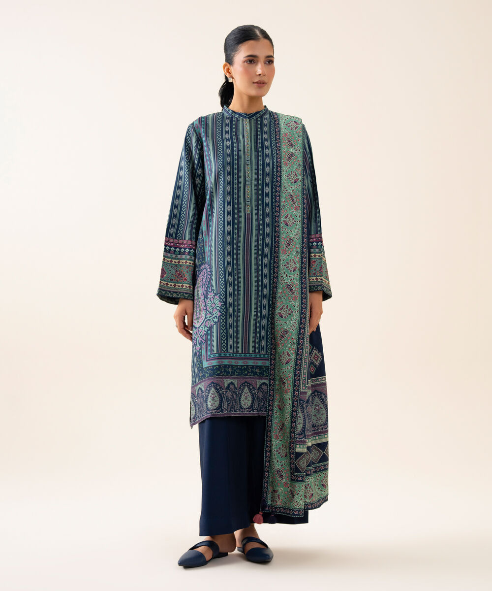 Women's Unstitched Viscose Linen Printed Dark Blue 3 Piece Suit