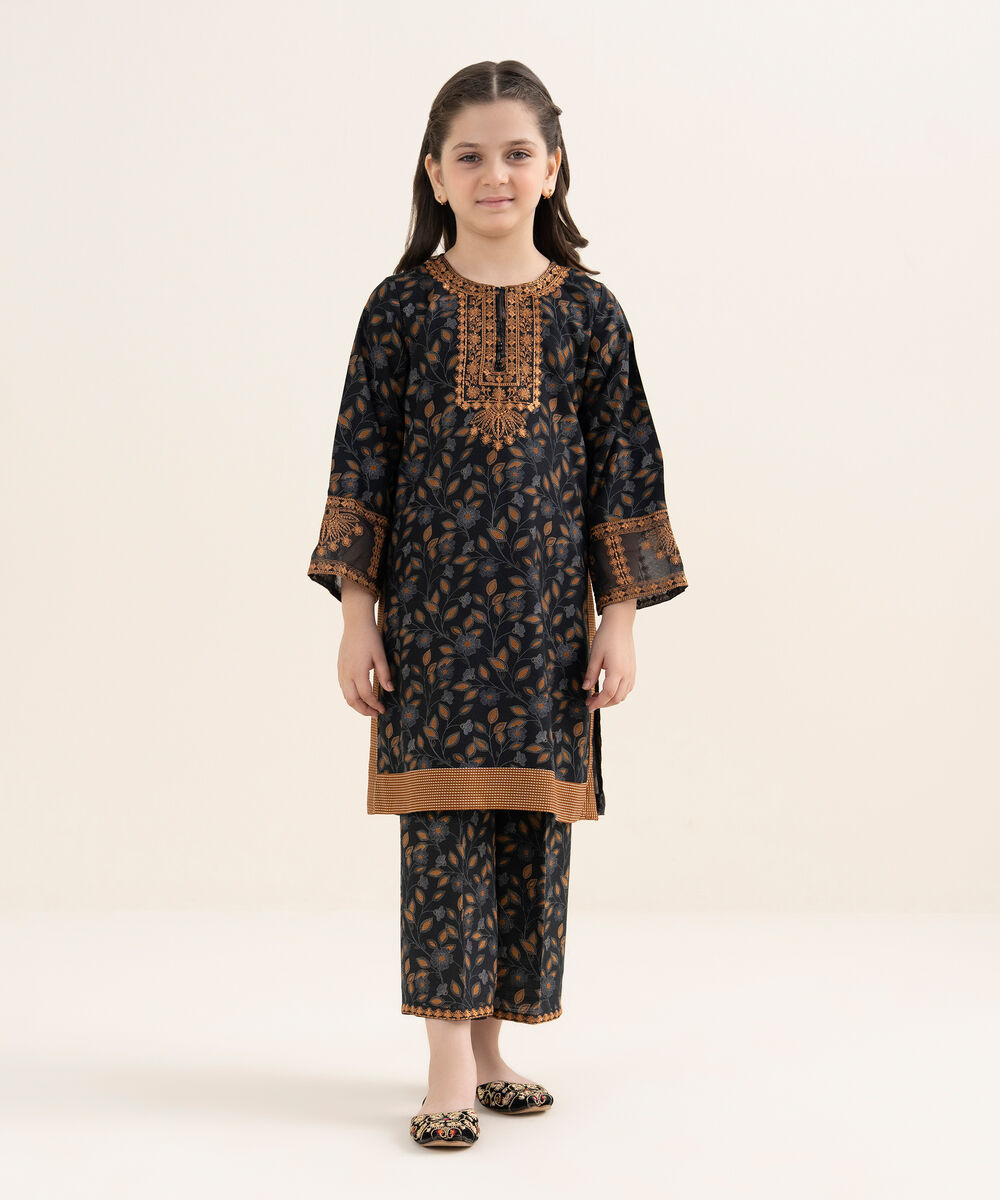 Girl's Herringbone Embroidered Black 2 Piece Set