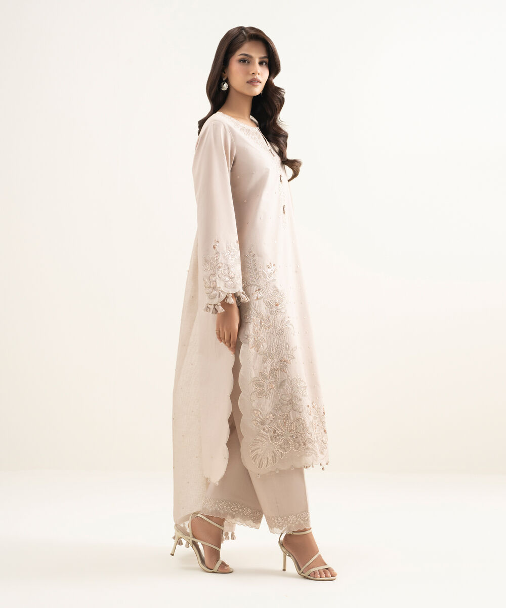 Women's Unstitched Lawn Embroidered Light Tea Pink 3 Piece Suit