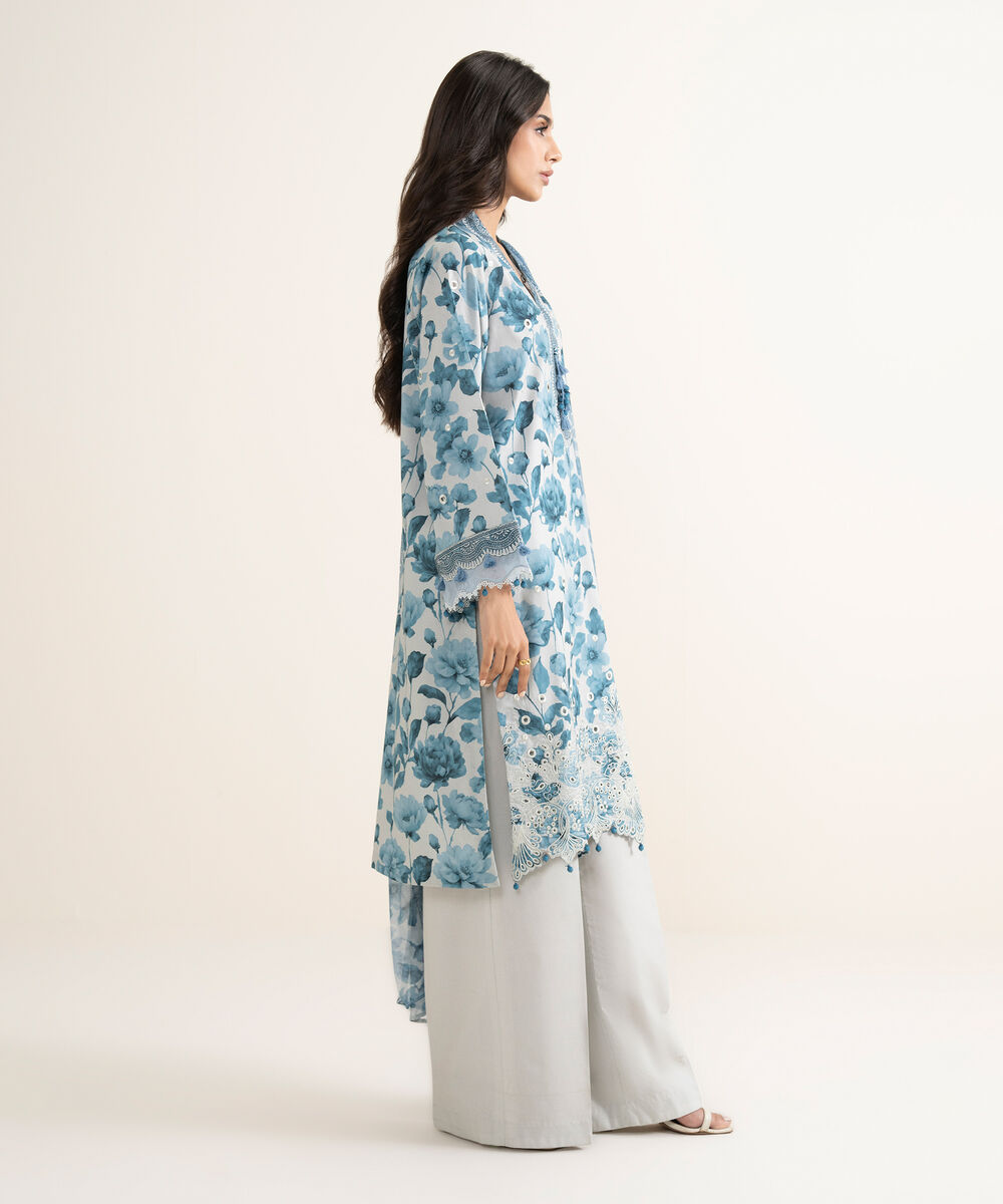 Women's Unstitched Lawn Embroidered Blue 3 Piece Suit