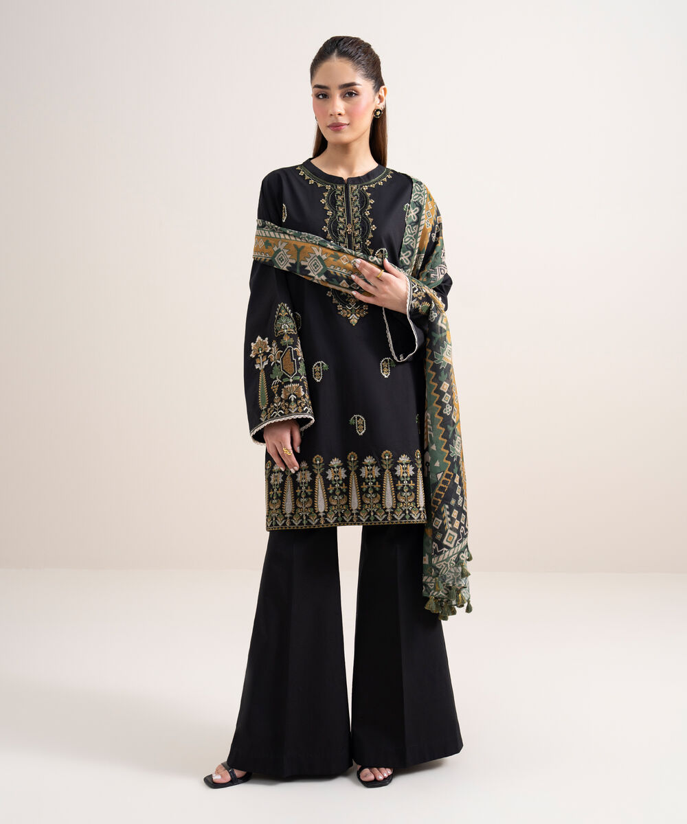 Women's Unstitched Dobby Embroidered Black 3 Piece Suit