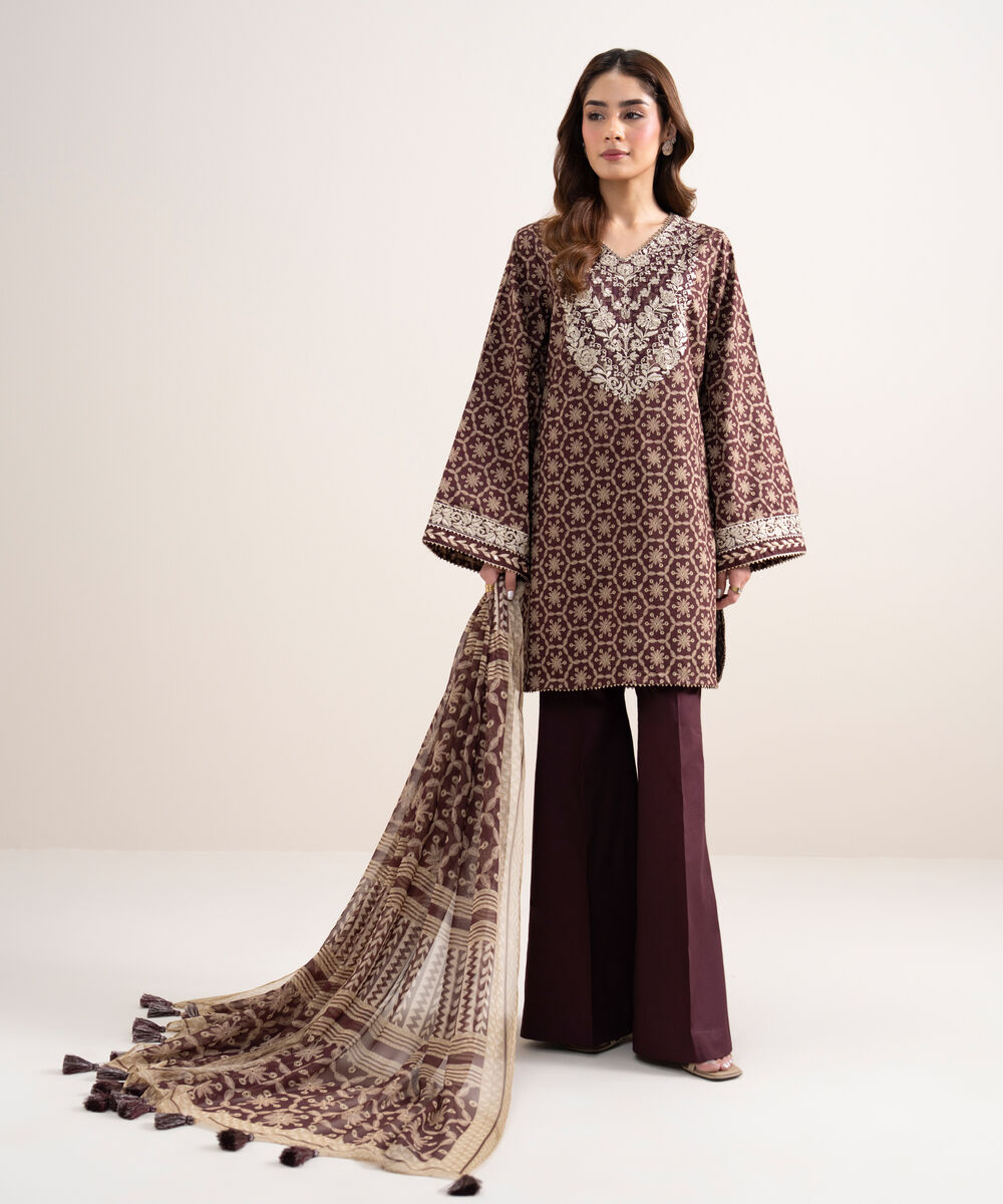 Women's Unstitched Lawn Embroidered Brown 3 Piece Suit