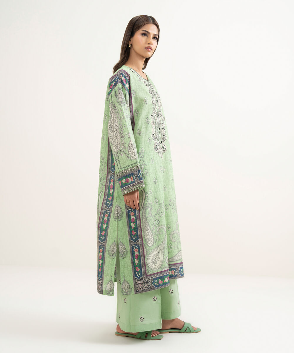 Women's RTW Zari Cotton Embroidered Green Drop Shoulder Shirt