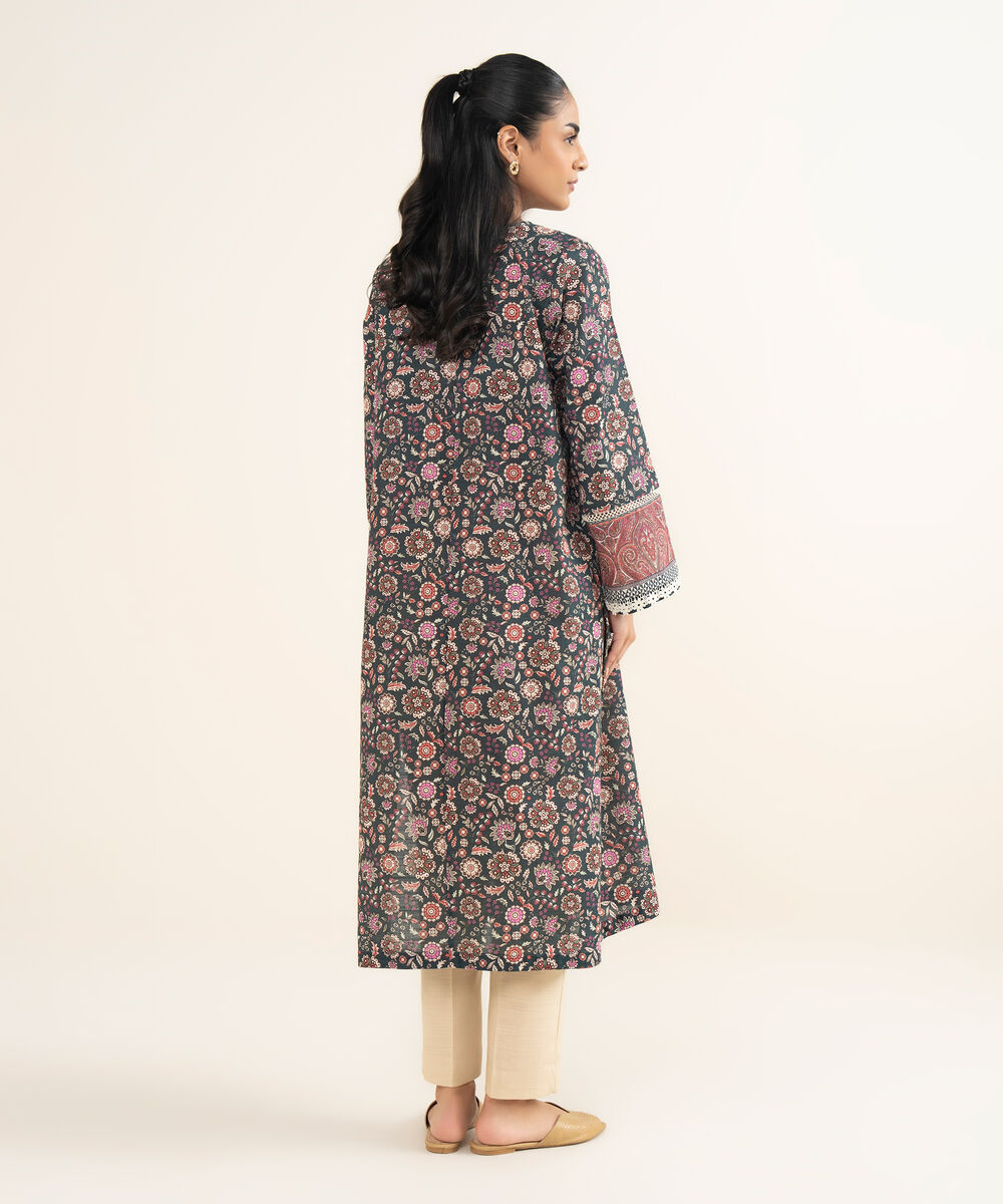 Women's RTW Khaddar Printed Dark Teal A-Line Shirt