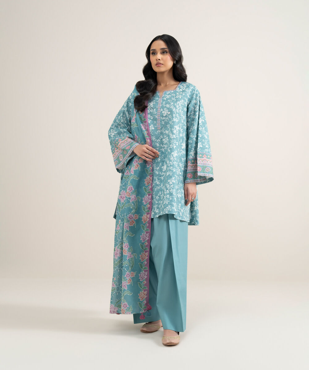 Women's Unstitched Lawn Printed Aqua 3 Piece Suit