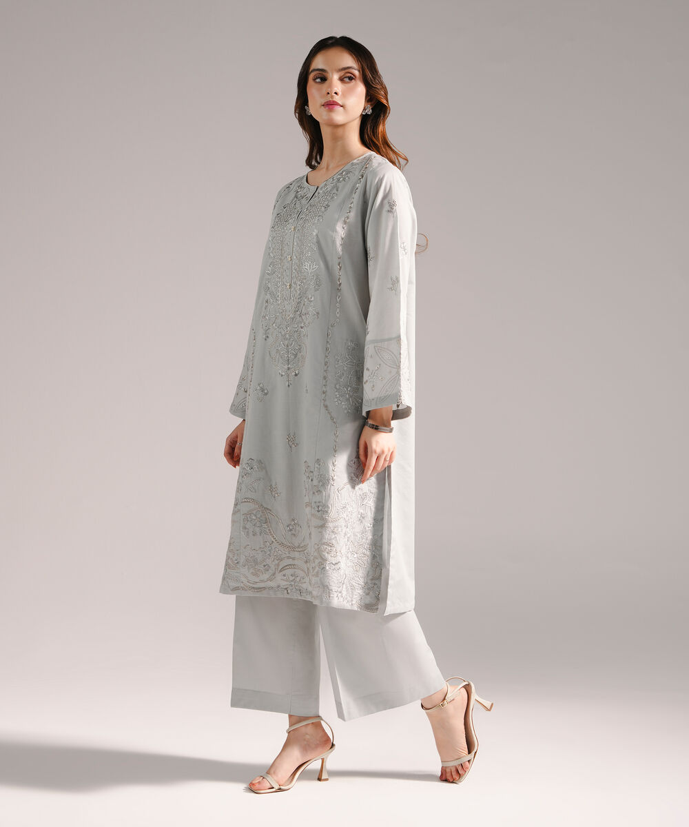 Women's RTW Slub Lawn Embroidered Straight Grey Shirt