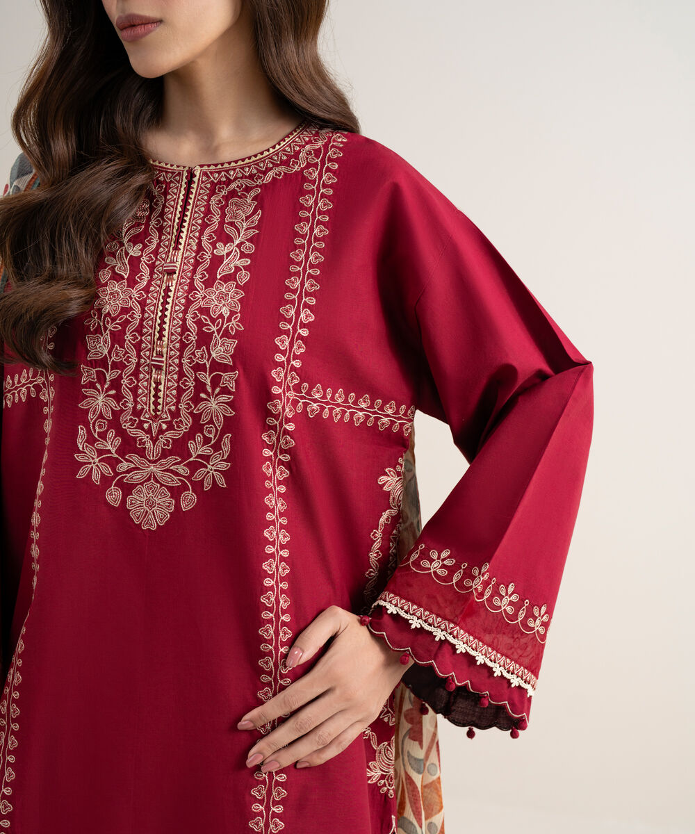 Women's Unstitched Lawn Embroidered Red 3 Piece Suit