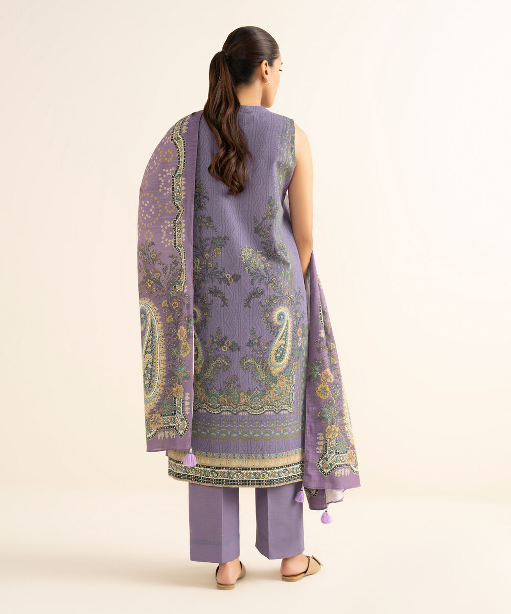 Women's Unstitched Cotton Printed Purple 3 Piece Suit