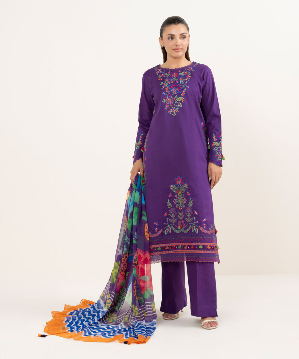 Women's Unstitched Textured Lawn Embroidered Purple 3 Piece Suit