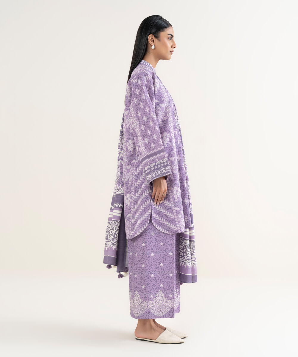 Women's Unstitched Printed Cotton Lilac and Off White 3 Piece Suit