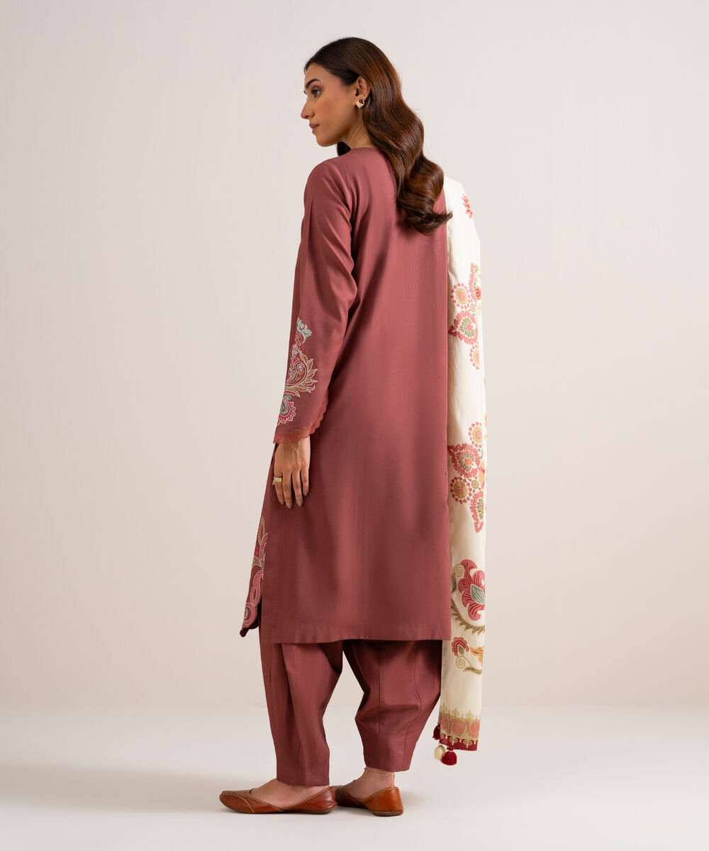 Women's Unstitched Embroidered Linen Tea Pink 3 Piece Suit