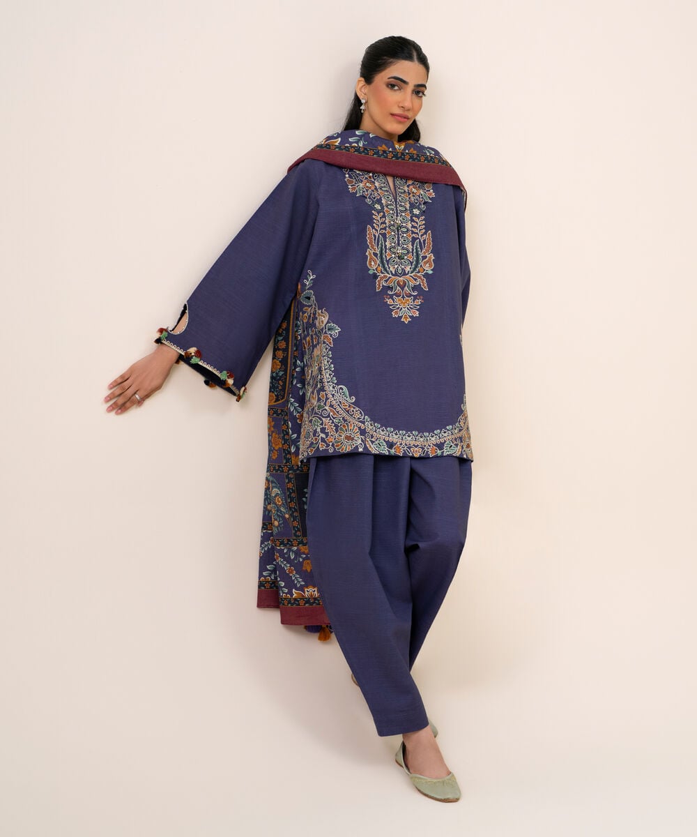 Women's Unstitched Light Khaddar Embroidered Blue 3 Piece Suit