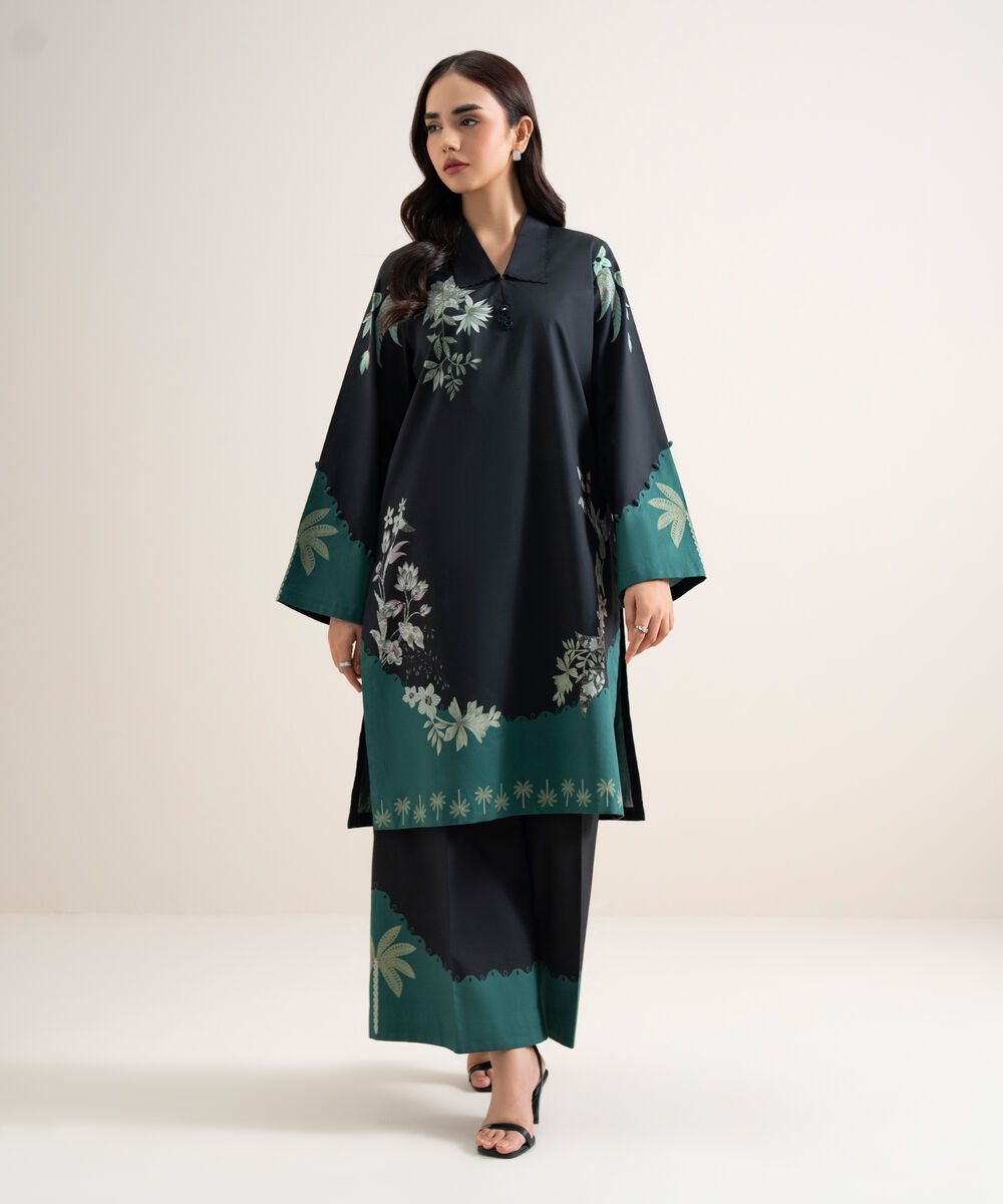 Women's Unstitched Lawn Printed Black & Green  2 Piece Suit