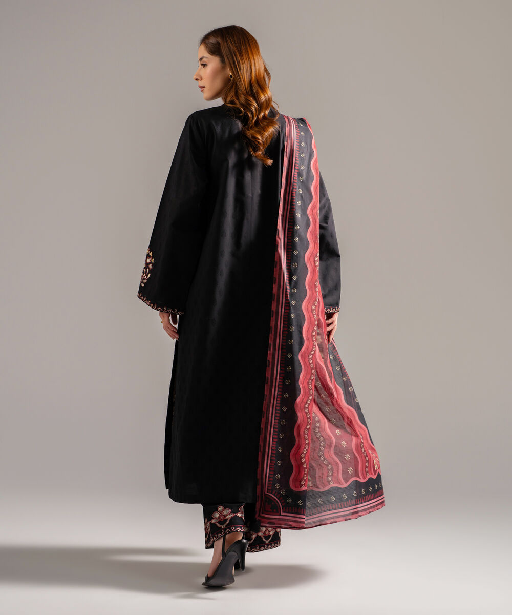 Women's RTW Self Jacquard Embroidered Black 3 Piece Suit