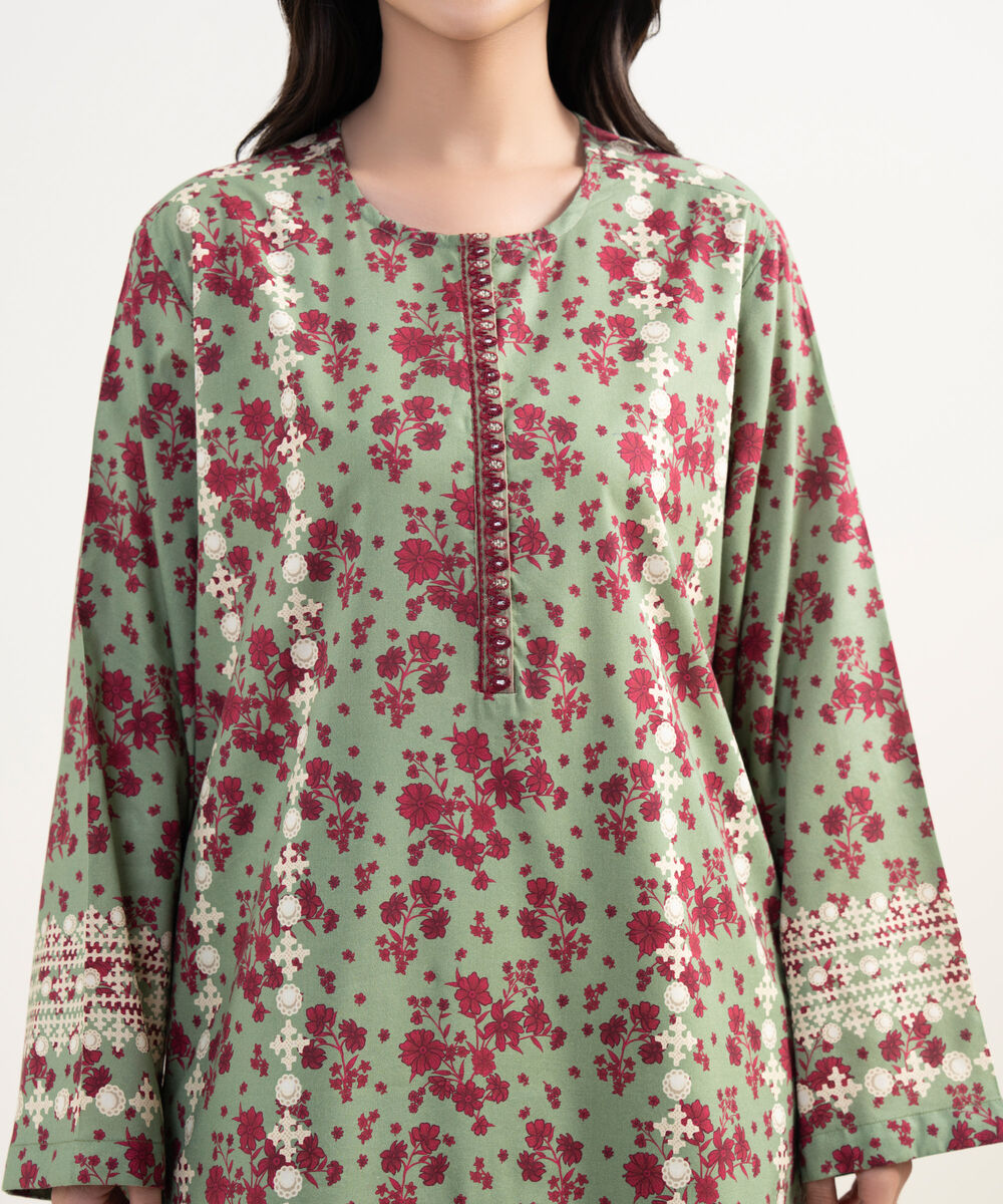 Women's RTW Cotton Viscose Embroidered Green Straight Shirt