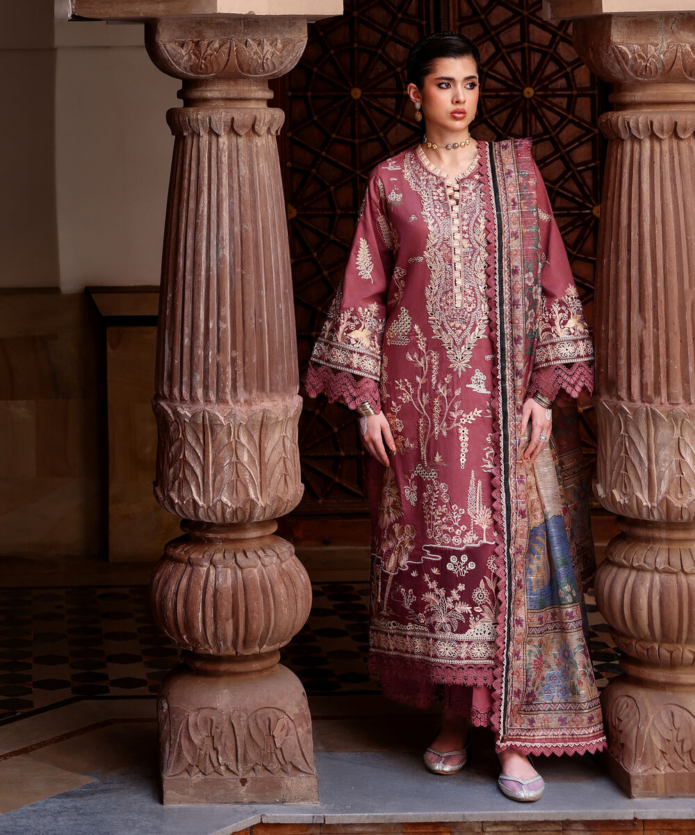 Women's RTW Self Jacquard Embroidered Muted Mauve 3 Piece Suit