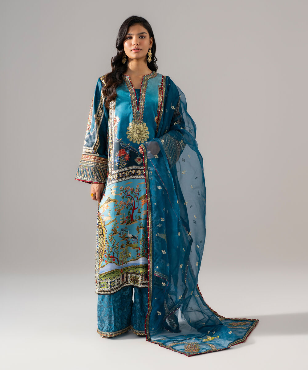 Women's RTW Blended Satin Embroidered Teal 3 Piece Suit