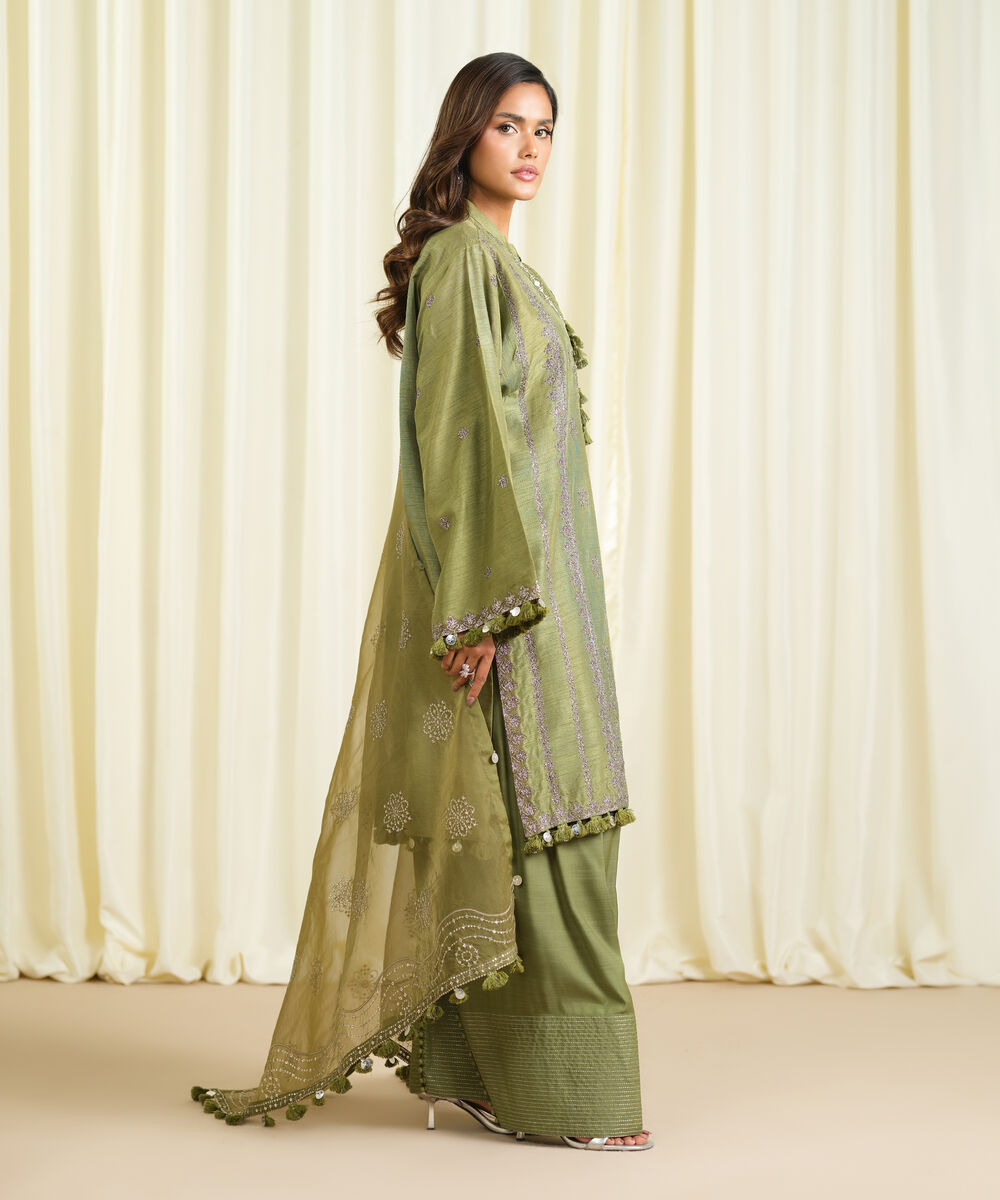 Women's Unstitched Raw Silk Embroidered Green 3 Piece Suit