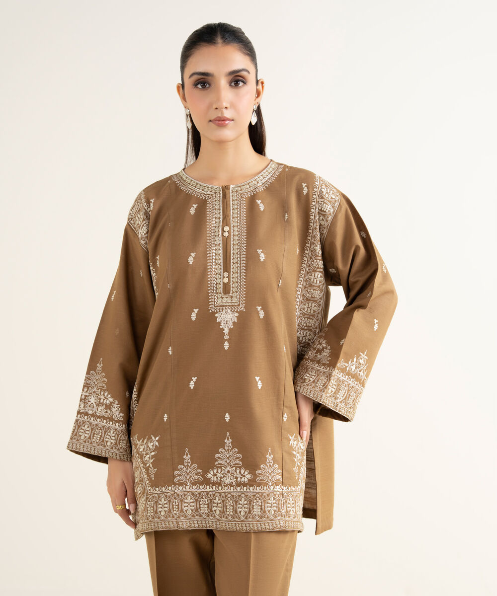 Women's RTW Khaddar Embroidered Brown Straight Shirt