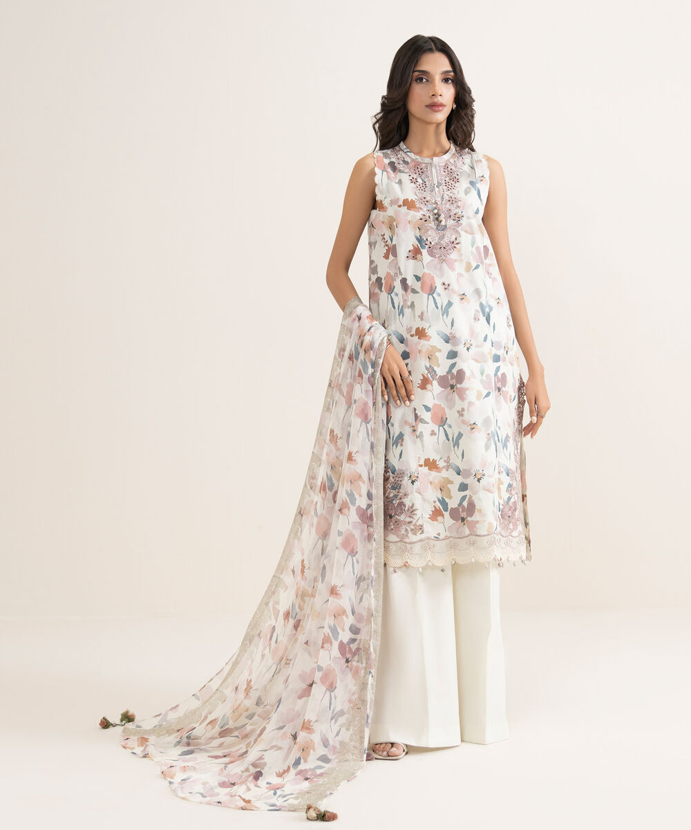 Women's Unstitched Lawn Embroidered Off White 3 Piece Suit