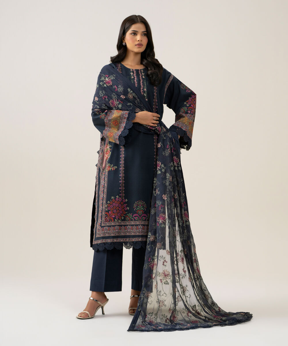Women's Unstitched Blended Chiffon Printed Plum 3 Piece Suit